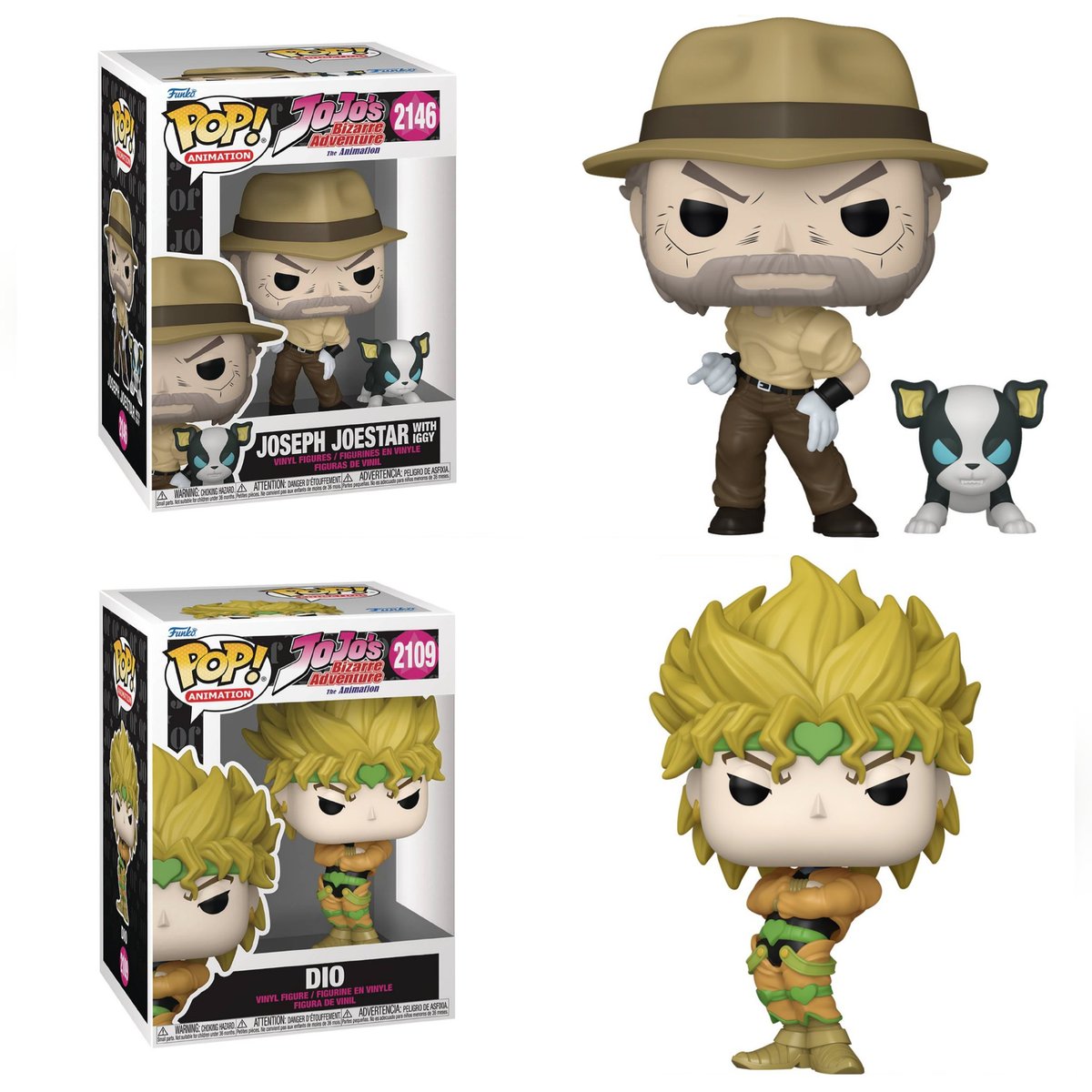 jojo_wiki's tweet photo. The Funko Pop! figures of DIO and Old Joseph with Iggy were just revealed. Pre-orders for them will begin in a few days. https://t.co/MEvfBgjgai