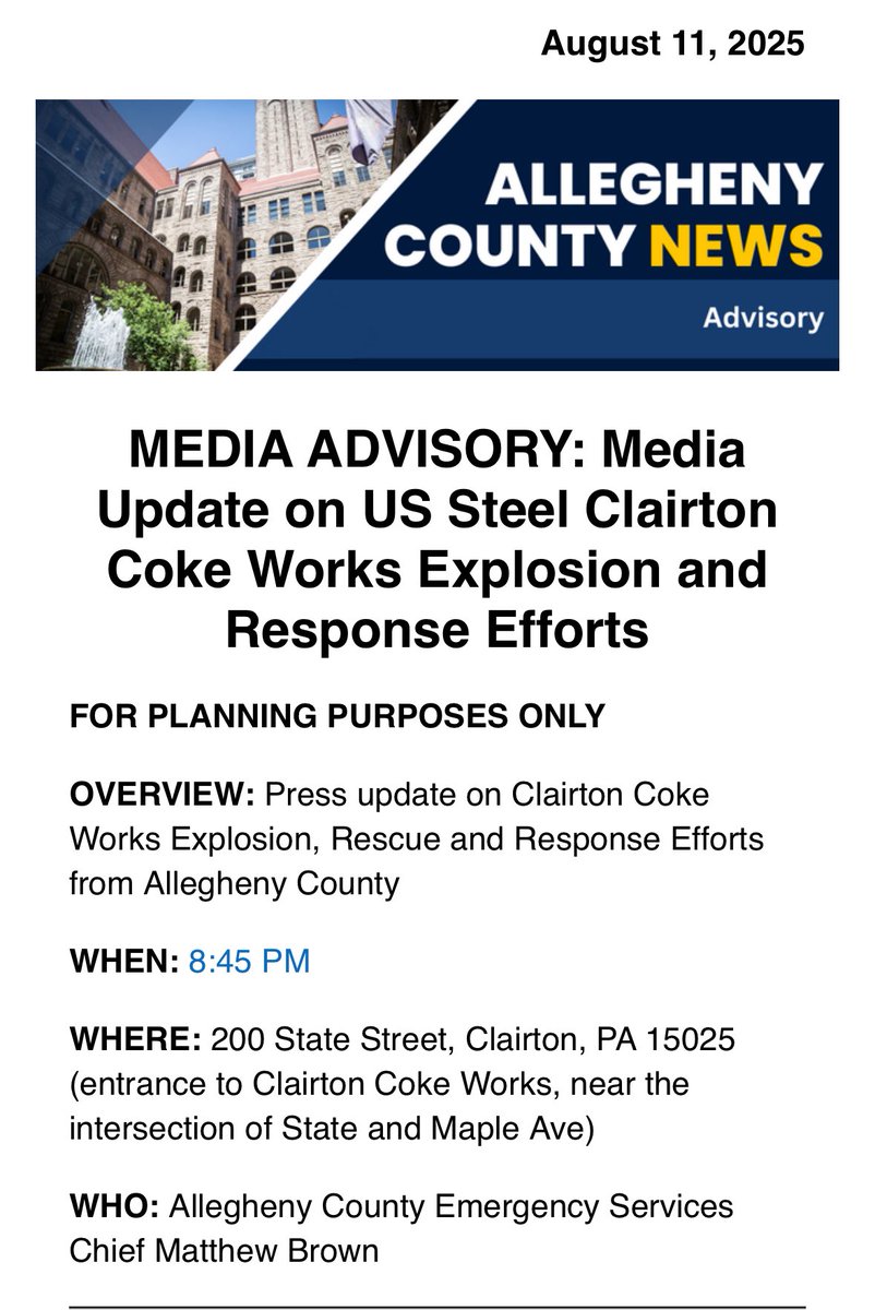 Allegheny County PD (@alleghenycopd) on Twitter photo Media Alert: <a href="/ACES_911/">Allegheny County Emergency Services</a> Chief Matt Brown will provide a brief update to the media at 8:45pm. Media Alert: <a href="/ACES_911/">Allegheny County Emergency Services</a> Chief Matt Brown will provide a brief update to the media at 8:45pm.