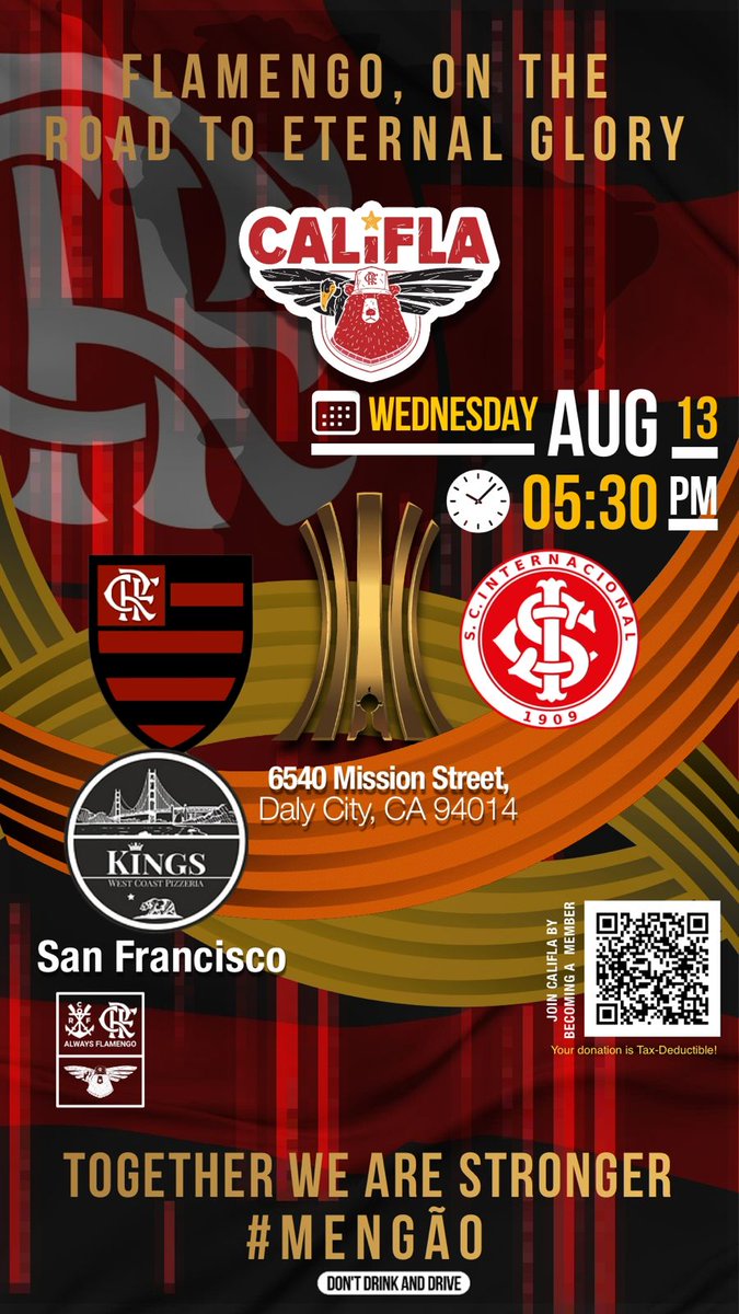 Cali_Fla's tweet photo. 🚨 Convocação Nação Rubro-Negra de San Francisco! 🚩🏴
Quarta-feira, às 5:30PM, é dia de oitavas de final da Libertadores! Nosso Mengão encara o Internacional e a CaliFla vai marcar presença em peso no Kings West Coast Pizzeria #PartiuKings https://t.co/n8U3kCp2m8