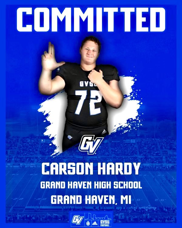 Carson Hardy (@hardy_0608) on Twitter photo I’m incredibly grateful to announce my commitment to play football for GVSU <a href="/gvsufootball/">GVSU Football</a> . So many thanks to my family, friends & coaches who’ve helped make this possible.
<a href="/coachbieds/">Andrew Biedenbender</a> <a href="/bradbezGVSU/">Brad Bez</a> <a href="/CoachWooster/">Scott Wooster</a> <a href="/GHBucsFootball/">Grand Haven Bucs Football</a> <a href="/CoachLouisGVSU/">Jim Louis</a> <a href="/ghhsbucs/">Grand Haven HS</a> I’m incredibly grateful to announce my commitment to play football for GVSU <a href="/gvsufootball/">GVSU Football</a> . So many thanks to my family, friends & coaches who’ve helped make this possible.
<a href="/coachbieds/">Andrew Biedenbender</a> <a href="/bradbezGVSU/">Brad Bez</a> <a href="/CoachWooster/">Scott Wooster</a> <a href="/GHBucsFootball/">Grand Haven Bucs Football</a> <a href="/CoachLouisGVSU/">Jim Louis</a> <a href="/ghhsbucs/">Grand Haven HS</a>