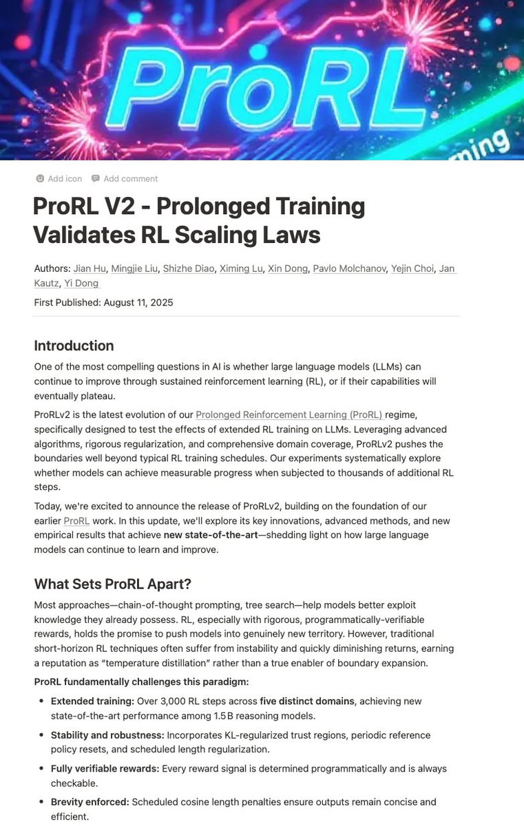 🚀 How far can RL scaling take LLMs?
Drop ProRLv2! 🔥With ProRLv2, we keep expanding LLM’s reasoning boundaries through 3,000+ RL steps over 5 domains and set a new state-of-the-art 🌟 among 1.5B reasoning models.

🔗 Full blog: research.nvidia.com/labs/lpr/prorl…
🤗Open model: