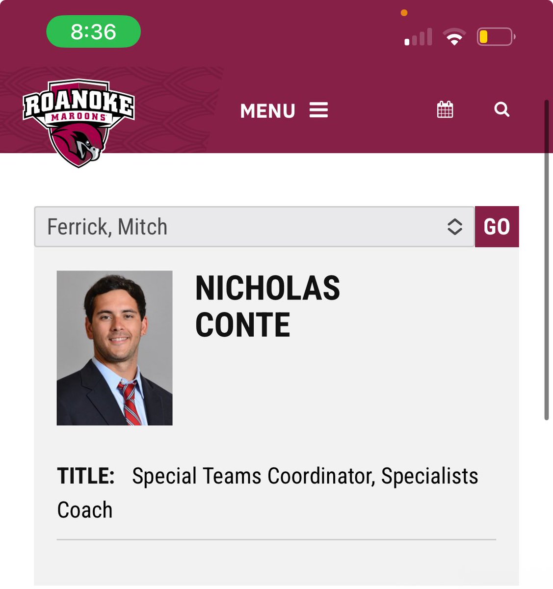 Congratulations <a href="/Coach_Conte/">Nicholas Conte</a> on this well deserved new role, a hard worker and a brilliant specialist mind. <a href="/RCmaroons/">Roanoke Maroons</a> is in great hands!
