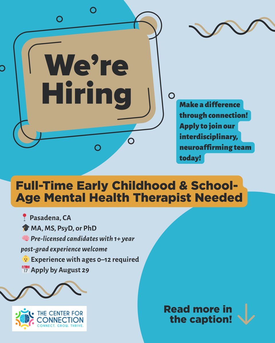 tinabryson's tweet photo. My practice is looking for a full-time, Early Childhood &amp; School-Aged Mental Health Therapist to join our flagship Pasadena location! 📷📷📷

📷 Learn more + apply: https://t.co/EiI6T2ICLt

#MentalHealthJobs #TherapistHiring #PasadenaJobs #ChildTherapist #InterdisciplinaryCare https://t.co/X6WwXX5DQq