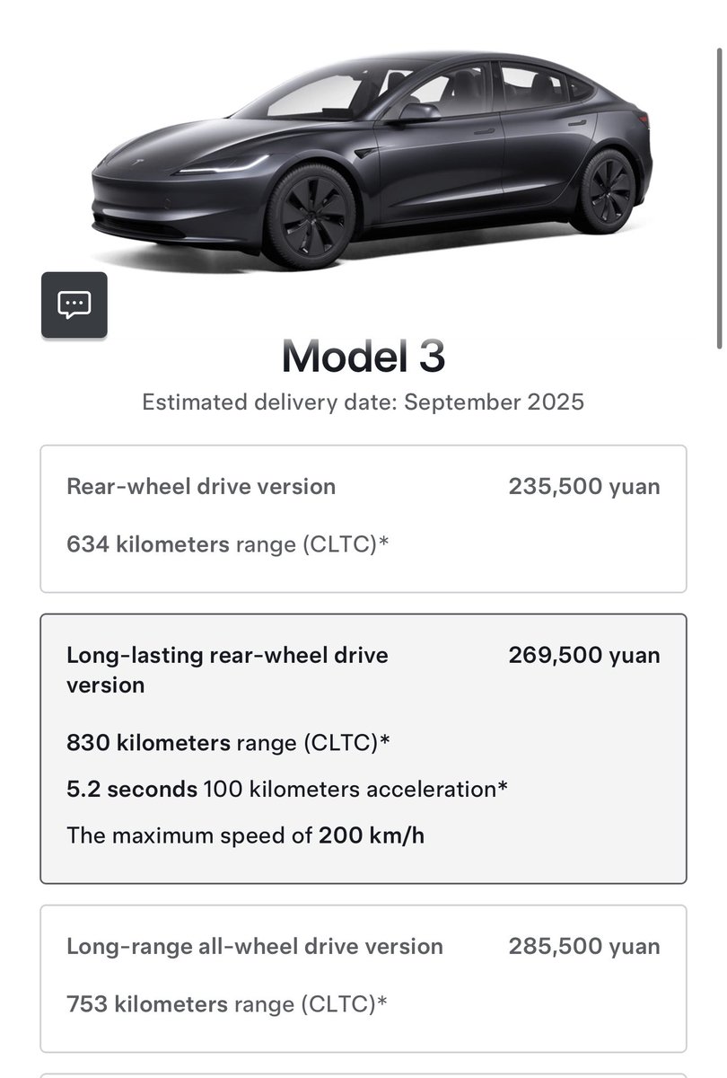 NEWS: Tesla has launched the new Model 3 Long Range RWD in China. It has more range than any previous Model 3 offered in the country.

• Range: 830km (CLTC). Equivalent to 363 miles on the EPA cycle, same as US version.
• Price: 269,500 yuan ($37,490 USD)
• Deliveries start