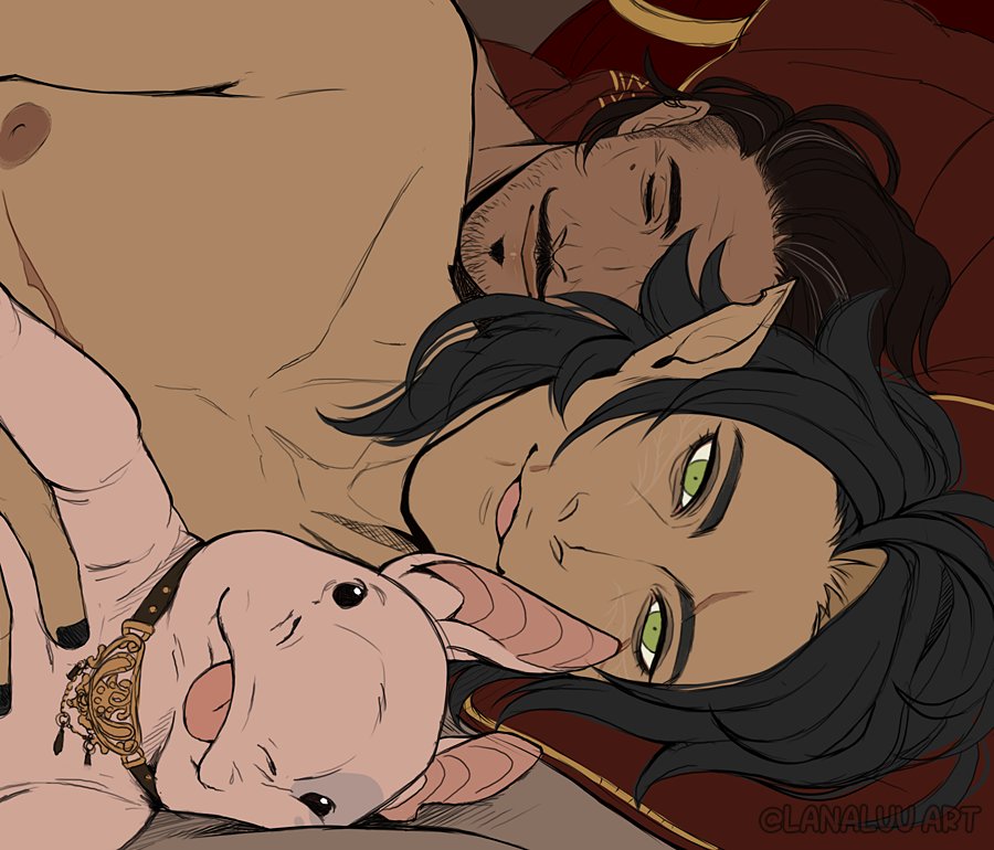 Totally (not) normal. Arlen always sleeps on the right side of the bed, Dorian on the left. Arlen likes being close, and was the big spoon most of the time till he lost his arm.

Dorian staying up later, playing with Arlen's hair as he reads. ✨️