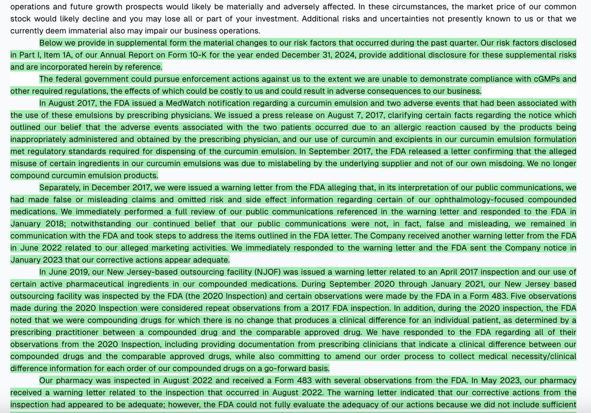 d__risk's tweet photo. $HROW - Harrow Inc. Common Stock - 10Q - Updated Risk Factors
HROW flags new risk: potential costly federal enforcement if it fails to meet cGMP and regulatory compliance, adding to previously disclosed risks. #Pharmaceuticals #CGMP #RiskManagement #FederalEnforcement #RegulatoryCompliance
🟢 Added 🟠 Removed
https://t.co/HuS8QjVCpB