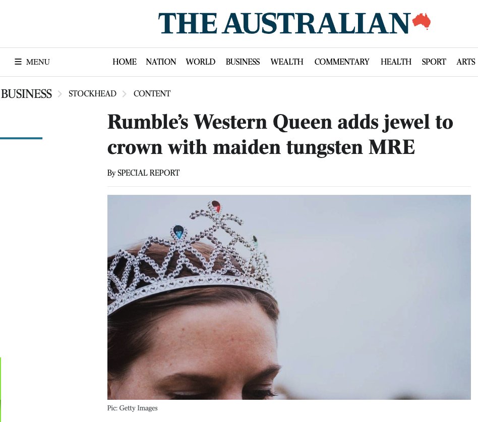 Thanks to the <a href="/australian/">The Australian</a> for sharing the news about <a href="/RumbleResources/">Rumble Resources Ltd</a> (#ASX: $RTR) maiden #tungsten resource at Western Queen, as we pursue the WA project’s potential to be a significant #criticalminerals and #gold producer 👉tinyurl.com/5h9s69rd
#asxnews #Mining  #SmallCaps