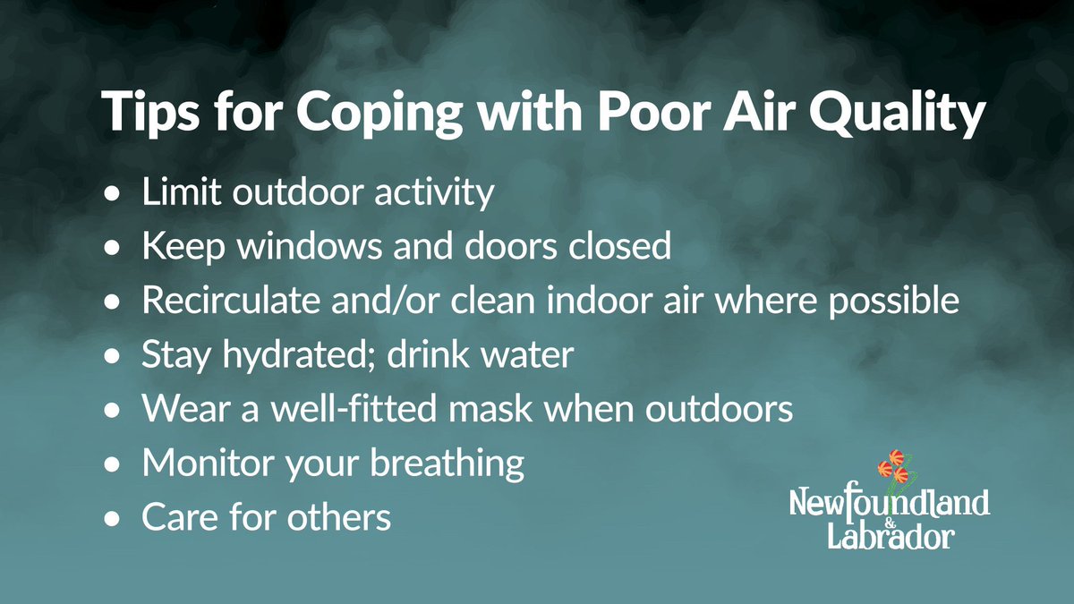 Air quality warnings have been issued for Avalon Peninsula North and St. John's and vicinity. Find tips for coping with poor air quality below and stay current at: weather.gc.ca/airquality/pag…