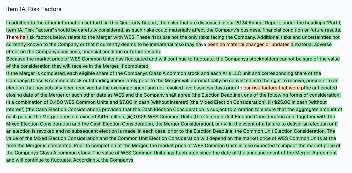 d__risk's tweet image. $ARIS - Aris Water Solutions Inc. Class A Common Stock - 10Q - Updated Risk Factors

ARIS flags new risks tied to its merger with WES, warning that fluctuating WES unit prices create uncertainty over the final value shareholders will receive if the deal closes. #WaterSolutions…