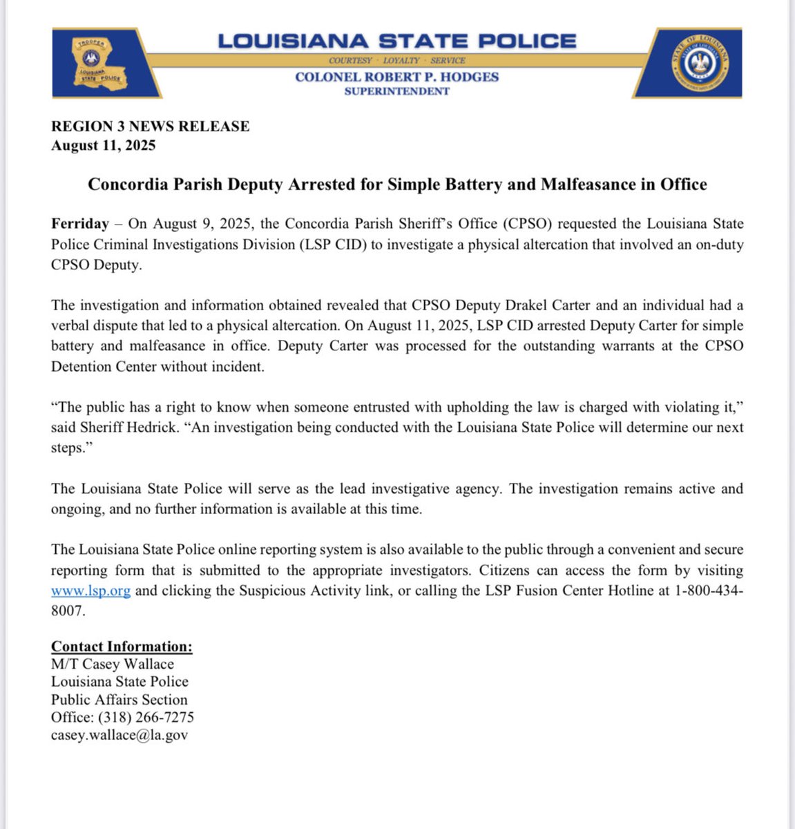 Concordia Parish Deputy Arrested for Simple Battery and Malfeasance in Office