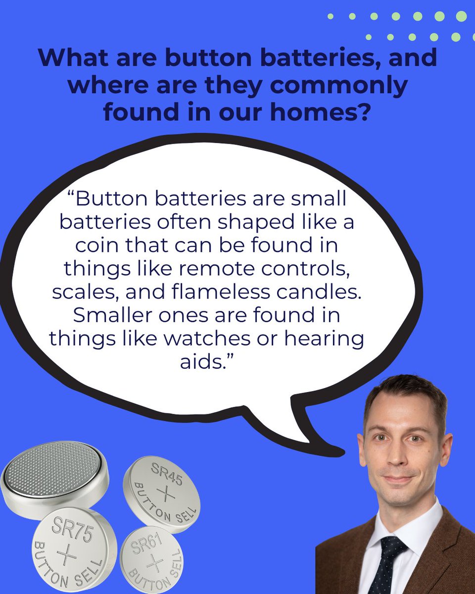 ASPO_PEDSOTO's tweet image. Small battery. Big danger.
Dr. Nikolaus Wolter, MD (@SickKidsToronto), button battery safety expert,  kicks off a 3-part ASPO series to improve public understanding of:
Injury presentation
Delayed harm
Management &amp;amp; mitigation
Safe disposal

#ButtonBatteryAwareness #ChildSafety