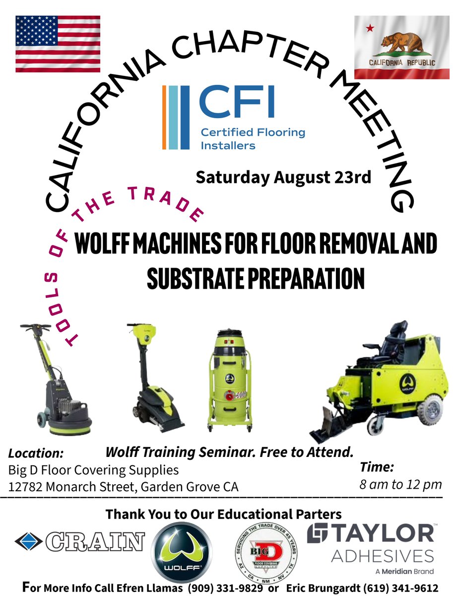 📣The next CFI California Chapter Meeting is just around the corner, and you won’t want to miss it!
✅Wolff Tools Training
✅Substrate Preparation
✅Cost...FREE

📍Where: Big D Floor Covering Supplies
📅When: Saturday August 23
🕒Time: 8a-12p

#WeAreCFI #Chapters #California