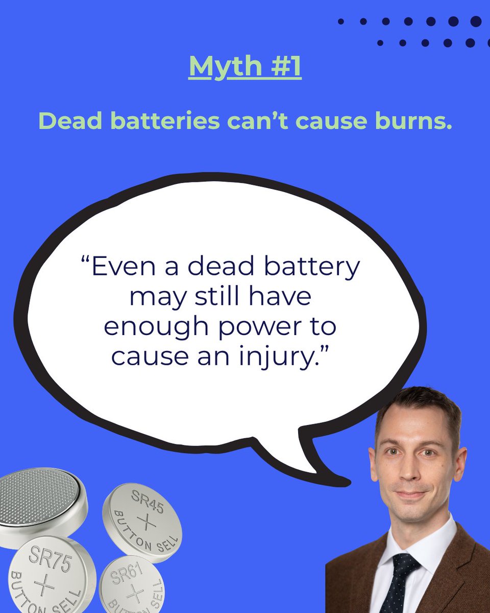 ASPO_PEDSOTO's tweet image. Button Battery Myths – Busted!
w/ Dr. Nikolaus Wolter, MD (@SickKidsToronto)

Dead batteries are safe ❌
Symptoms are easy to catch ❌
Once out, injury stops ❌
You should induce vomiting ❌

Truth saves lives.
#ButtonBatteryAwareness #ChildSafety