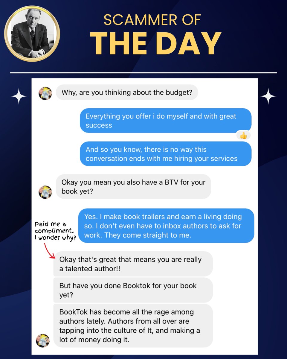 JABryden's tweet photo. I had a really good laugh at this one. Check the thread for the final part of the convo. 🤣 #indieauthorlife #scammeroftheday #scambots #authorlife https://t.co/GtVJhI7NP2