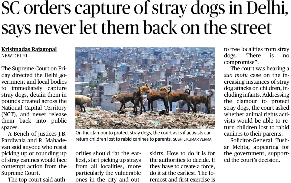I welcome the Hon’ble Supreme Court’s strong directive to relocate stray dogs in Delhi-NCR to shelters. Just days ago, I had called for urgent, humane action to address Karnataka’s stray dog menace. The Apex Court stand reinforces the need for clear action towards public safety