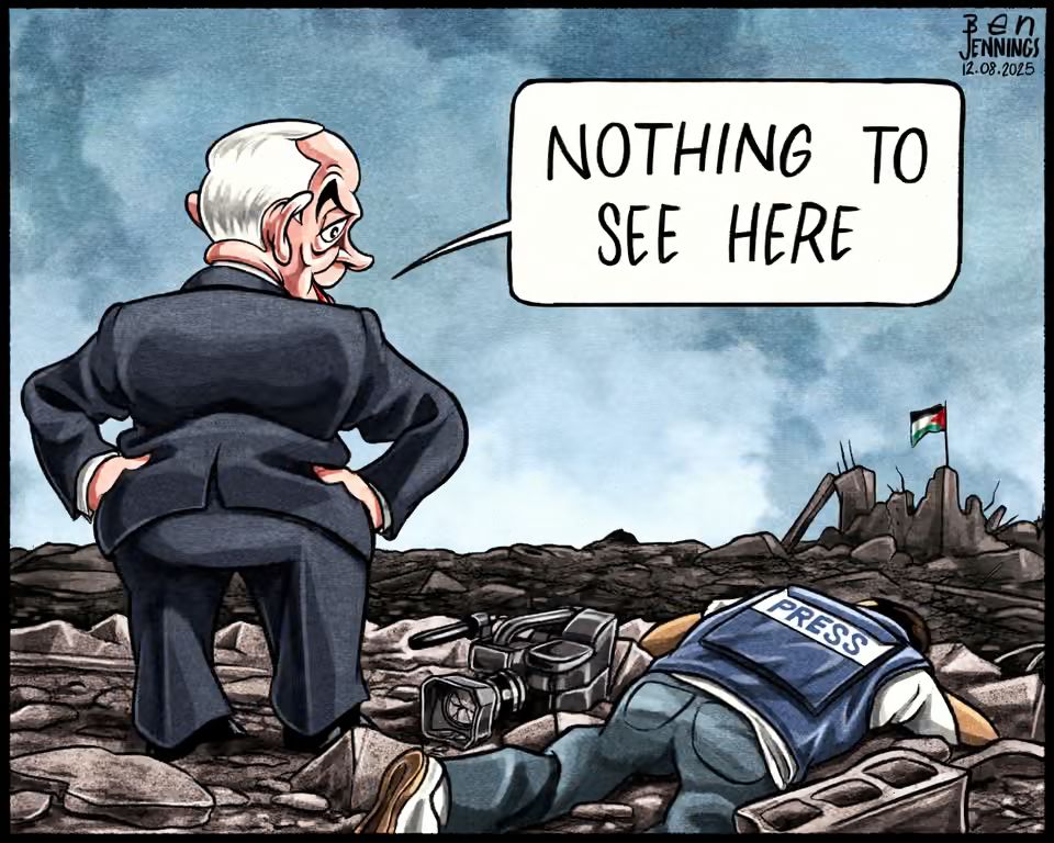QudsNen's tweet photo. The Guardian shared a cartoon by Ben Jennings on the killing of journalists in Gaza https://t.co/p1PSDGaZBA