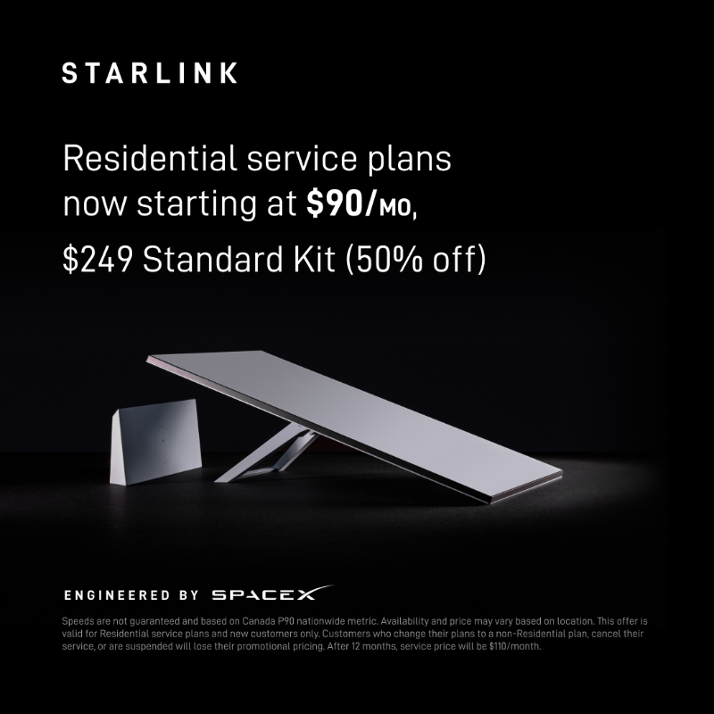 Starlink's tweet photo. Starlink provides reliable, high-speed internet for streaming, video calls, online gaming and more.

$90/mo for the first year of Residential service in Canada.

Easy to order online in under 2 minutes