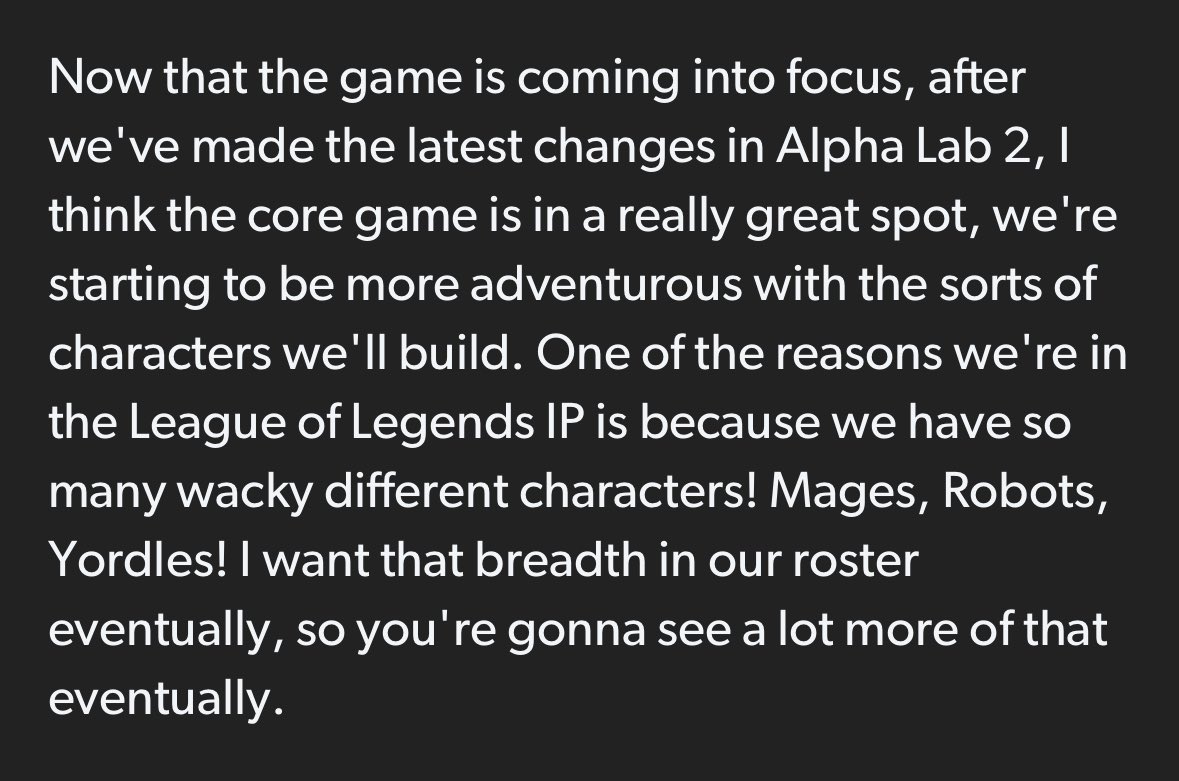 2XKOIntel's tweet photo. On future champions in 2XKO: 

“Mages, Robots, Yordles! I want that breadth in our roster eventually, so you're gonna see a lot more of that eventually.” - Tom Cannon, @ProtomCannon