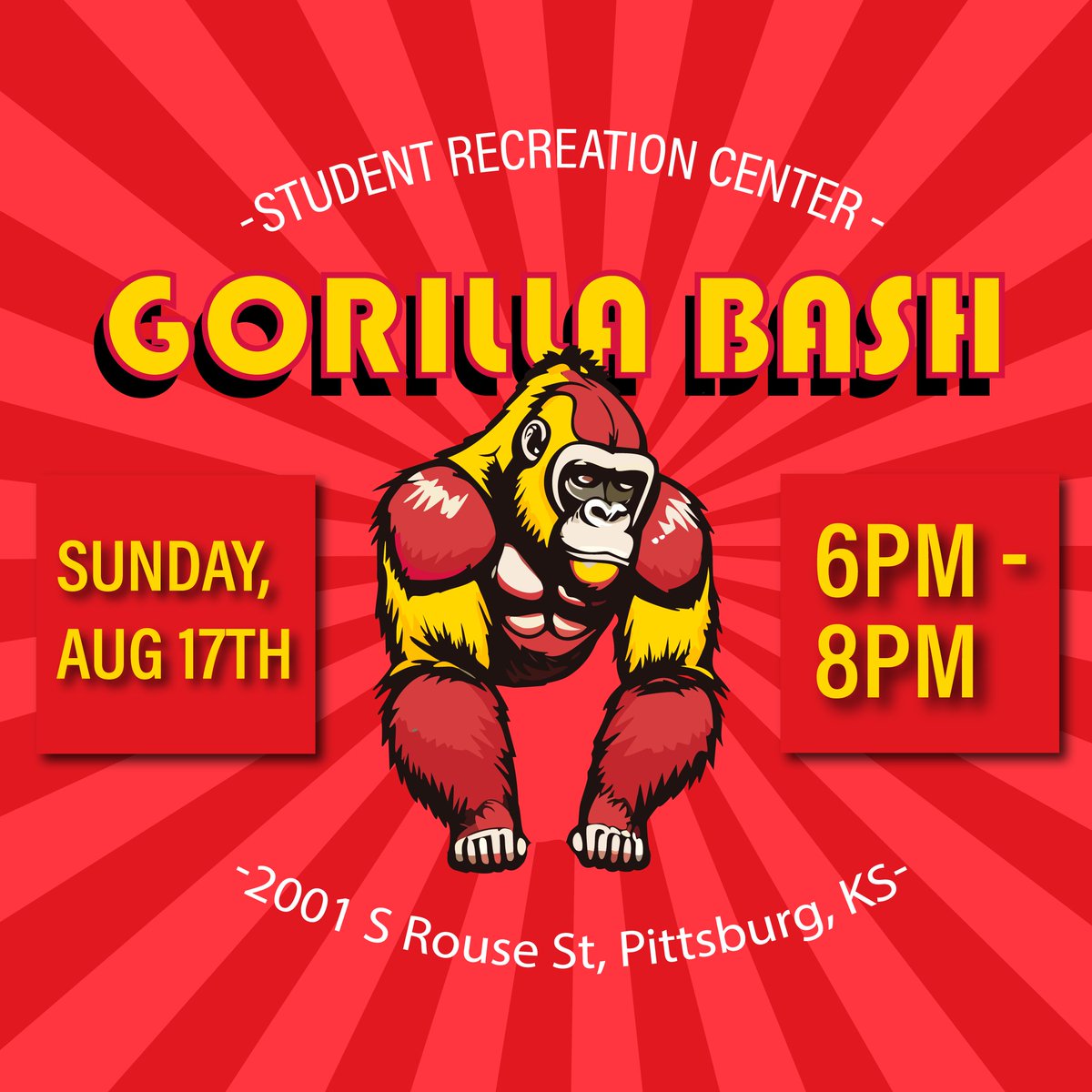 Come celebrate the start of the year at Gorilla Bash this Sunday (August 17th)! This event will feature tons of fun activities and an opportunity to learn about Club Sports, Intramural Sports, become familiar with our workout spaces, and meet new people!
#campusrec #OAGAAG #PSU