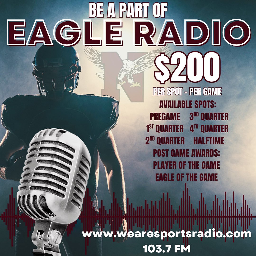 nicevilleQBClub's tweet photo. Be a part of EAGLE RADIO! 🦅🏈

We are looking for a few more radio sponsors to complete the lineup. 

If you or someone you know may be interested in a radio spot, please reach out to Rachel Morrison, ASAP. @nhs_stats @Niceville_FB @AD_Nice3 https://t.co/nOpRffWx4D