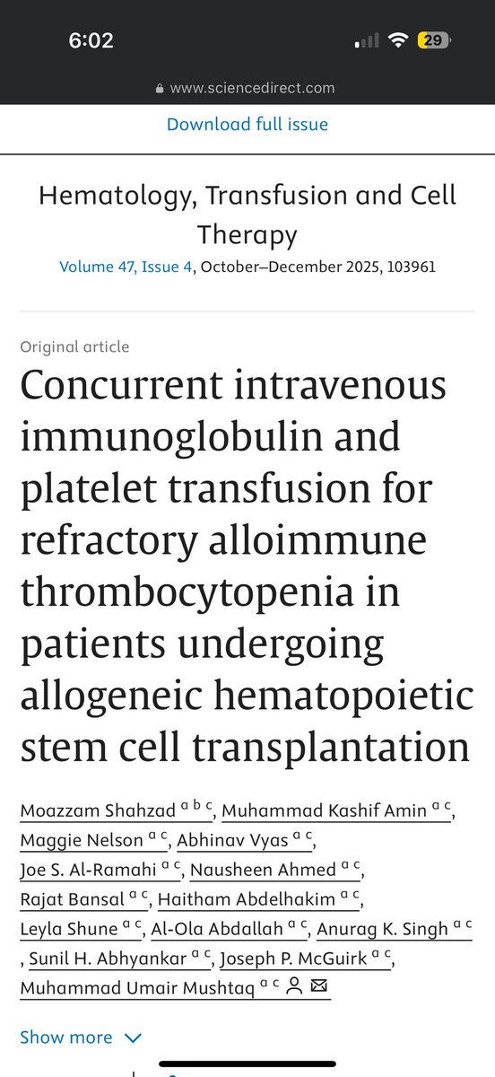 New Pub - Continuous IVIG (2 g/kg) with 48-hr platelet infusion may safely overcome refractory alloimmune thrombocytopenia after allo-HSCT, serving as a bridge until platelet engraftment or for urgent high-bleeding-risk situations. sciencedirect.com/science/articl….