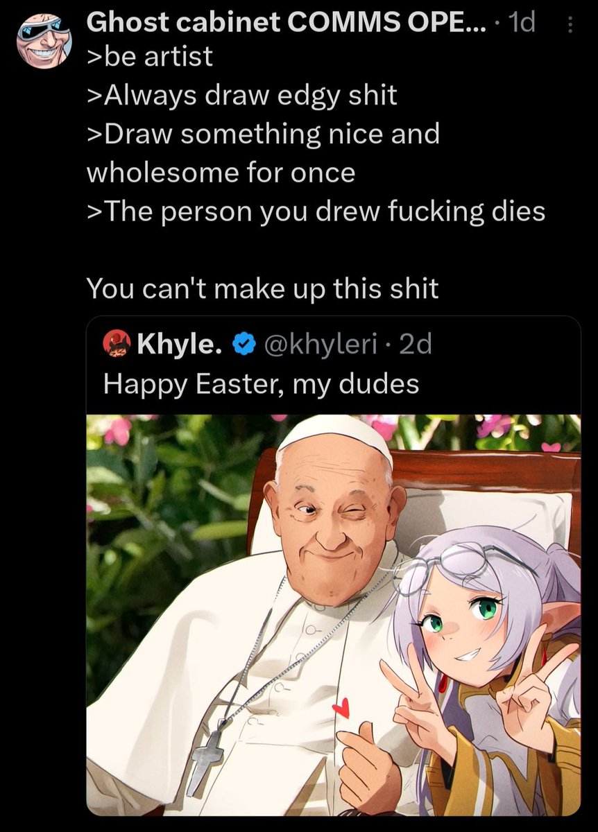 OtaCursed's tweet image. Lo duro que fue💀 ese artista dibujó algo asi por primera vez y que se haya muerto el papa muera al dia siguiente es terrible☠️