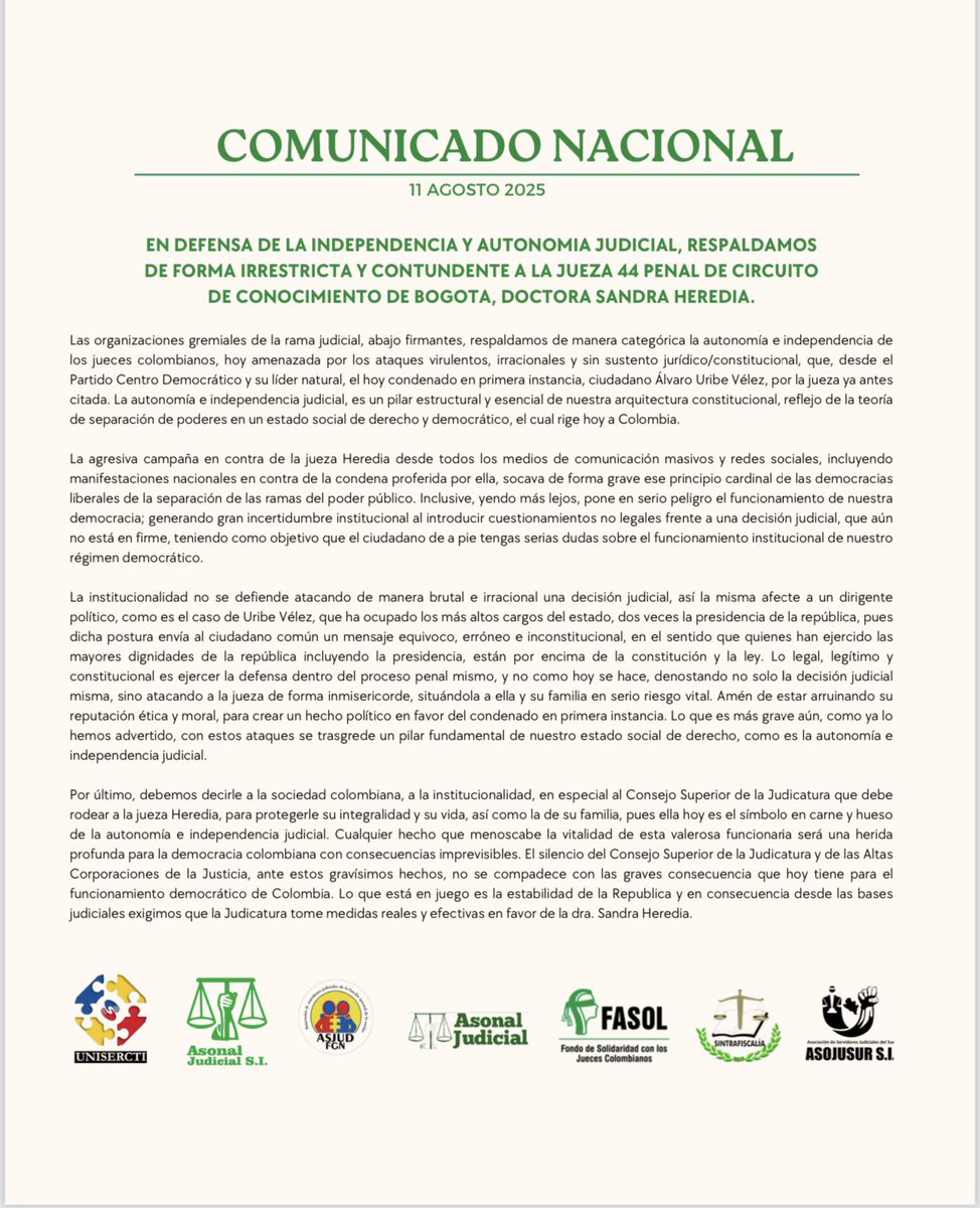 alazamo123's tweet photo. Los sindicatos de la actividad judicial se expresan solicitando solidaridad y protección para la jueza 44 de conocimiento Sandra Heredia, frente al silencio de la @judicaturacsj 

Para los que piden justicia incluyéndome, en el homicidio agravado de @MiguelUribeT deben también respetar la justicia impartida por la juez Sandra Heredia, quien ha sido objeto de amenazas y vilipendios incluso por parte de políticos. 

El respeto por la vida va de la mano con el respeto por la justicia, si no hay respeto por esta última, jamás habrá paz. 

Por favor léanlo el comunicado y también den RP 🙏🙏🙏