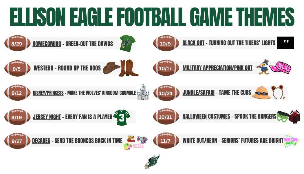Ellison Quarterback Club (Football Booster) (@ellison_qb_club) on Twitter photo Are you ready for some Eagle football?!?! 🦅🏈 We are!!!
Come support our Football team, Cheerleaders, Emeralds, Excalibur, and Screaming Eagle Band this season!!
Scroll to see the game themes this year!! See you in the stands, fans!!
<a href="/DannyServance/">Danny Servance</a> Are you ready for some Eagle football?!?! 🦅🏈 We are!!!
Come support our Football team, Cheerleaders, Emeralds, Excalibur, and Screaming Eagle Band this season!!
Scroll to see the game themes this year!! See you in the stands, fans!!
<a href="/DannyServance/">Danny Servance</a>