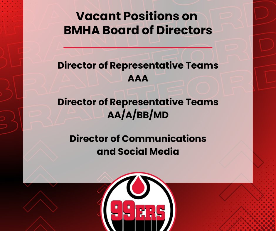 BMHA is in search of interested individuals to fill 3 vacant positions on our Board.
Director of Representative Teams - AAA
Director of Representative Teams - AA/A/BB/MD
Director of Communication and Social Media
For more details, click the link below.
brantfordminorhockey.com/Articles/38111…