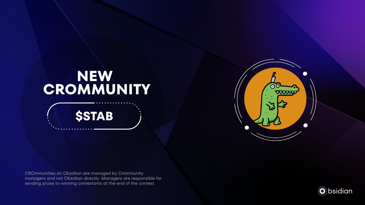 Obsidian Finance (@obsidianswap) on Twitter photo ✨New Verified CROmmunity✨
$STAB by <a href="/StabCTO/">croc with knife</a> has set up and verified their CROmmunity on ObsidianSwap giving them access to our suite of tools for projects
🔗obsidian.finance/crommunities/U… ✨New Verified CROmmunity✨
$STAB by <a href="/StabCTO/">croc with knife</a> has set up and verified their CROmmunity on ObsidianSwap giving them access to our suite of tools for projects
🔗obsidian.finance/crommunities/U…