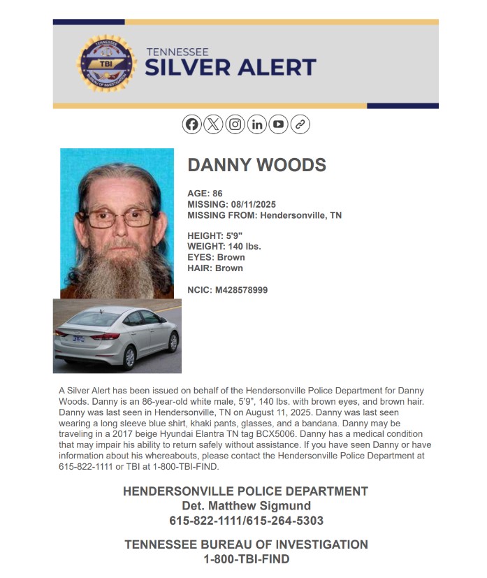 MORE: Danny Woods, the subject of a #TNSilverAlert, has a medical condition that may impair his ability to return safely without assistance.

Spot him? Call Hendersonville PD at 615-822-1111 or 615-264-5303. You can also call 1-800-TBI-FIND!

3/X