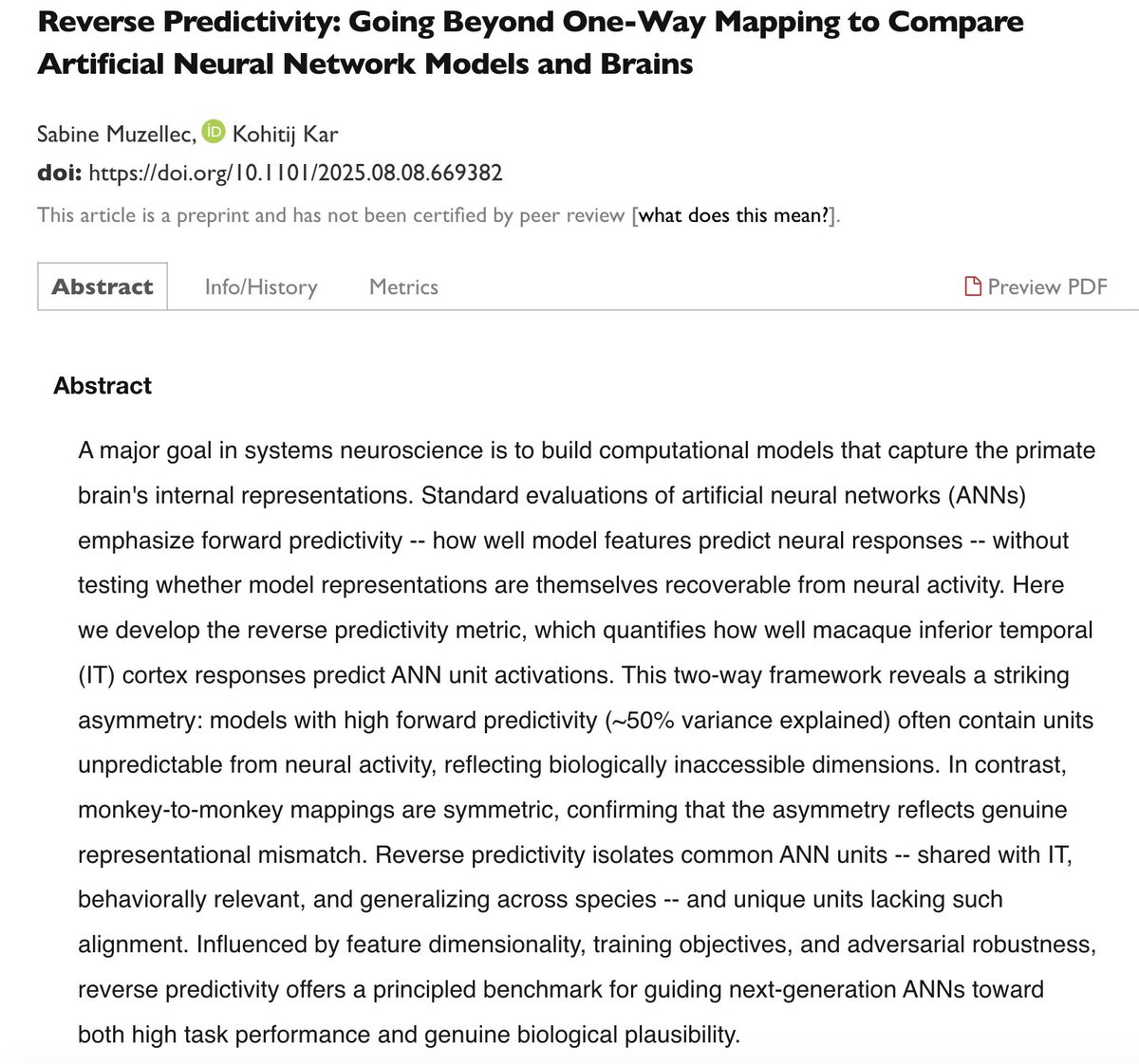 Kohitij Kar (@kohitijkar) on Twitter photo (1/7) 🚨 New preprint! 🚨
<a href="/SabineMuzellec/">Sabine Muzellec</a> and I, go beyond one-way ANN–brain mapping to ask:
👉 Can brain activity predict ANN units?
We call this Reverse Predictivity — it reveals hidden misalignments between high-performing ANNs and the primate brain.
shorturl.at/kylPl (1/7) 🚨 New preprint! 🚨
<a href="/SabineMuzellec/">Sabine Muzellec</a> and I, go beyond one-way ANN–brain mapping to ask:
👉 Can brain activity predict ANN units?
We call this Reverse Predictivity — it reveals hidden misalignments between high-performing ANNs and the primate brain.
shorturl.at/kylPl