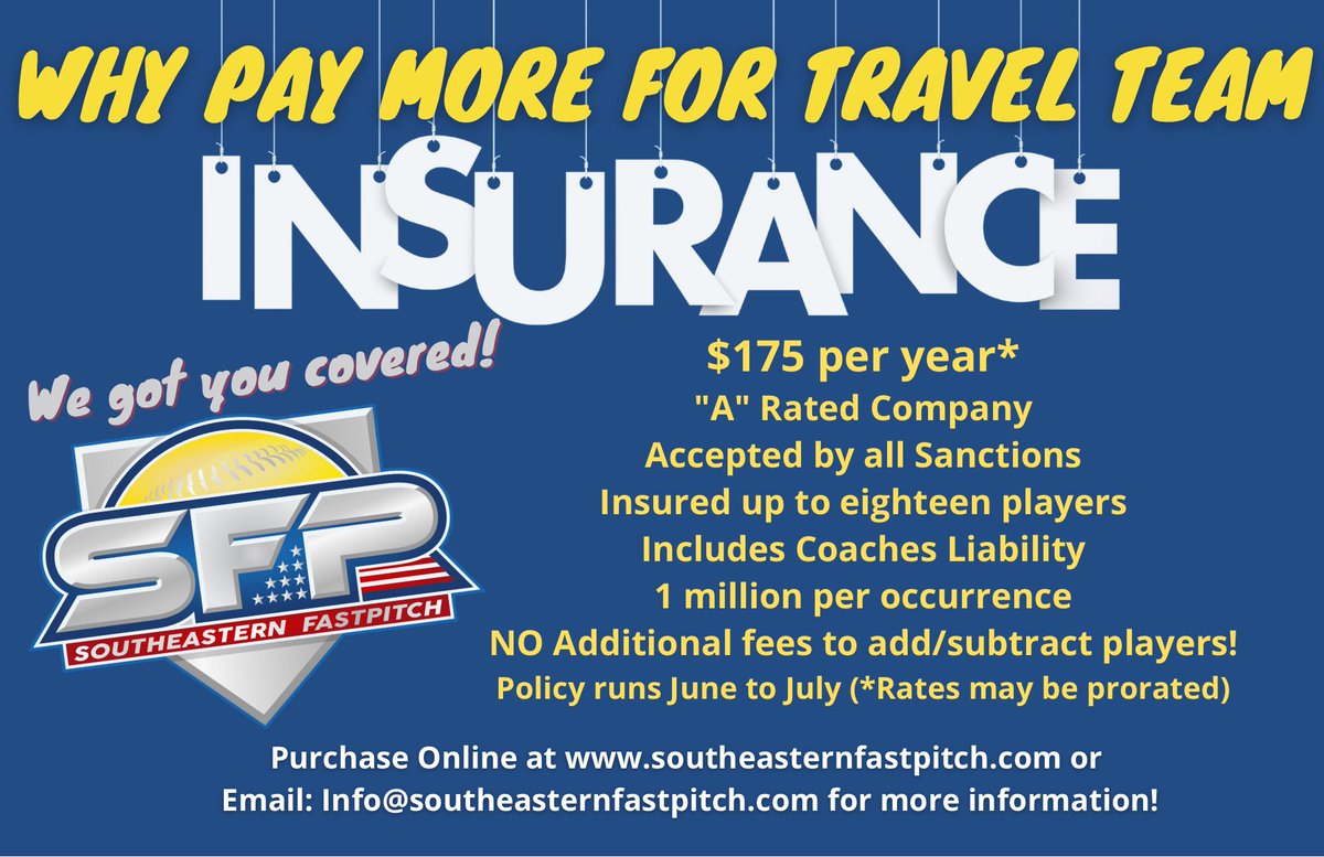 Why pay more for the same coverage? 🏆 
With **Southeastern Fastpitch**, you get comprehensive team insurance for just **$175 per year!** 

✅ Accepted by all sanctions  
✅ Insure up to **18 players**  
✅ Includes **Coaches Liability**  
✅ **$1 million** coverage per