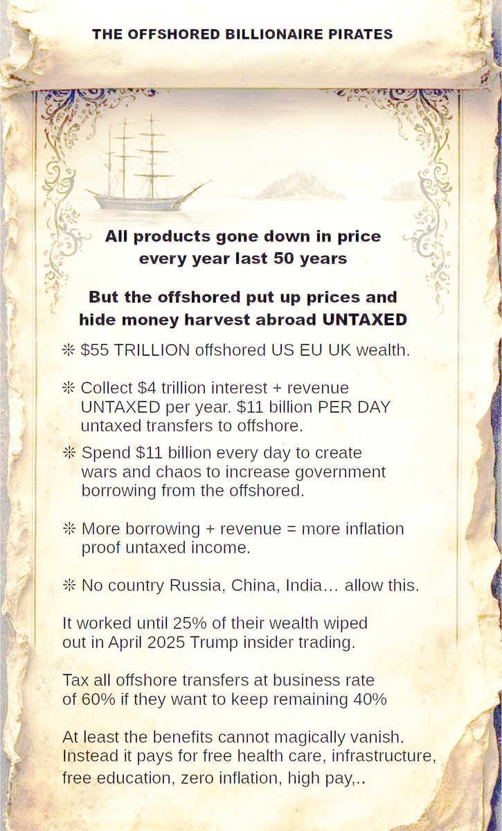 Kamnikumar611's tweet photo. The politicians funded by the offshore military industrial complex sends $5 billion+ PER DAY UNTAXED stealing the money from US people and its infrastructure to offsore.  
Refuse offshore payments and transfers. It destroys US UK EU military industrial complex in one day. https://t.co/iECIn72sAq
