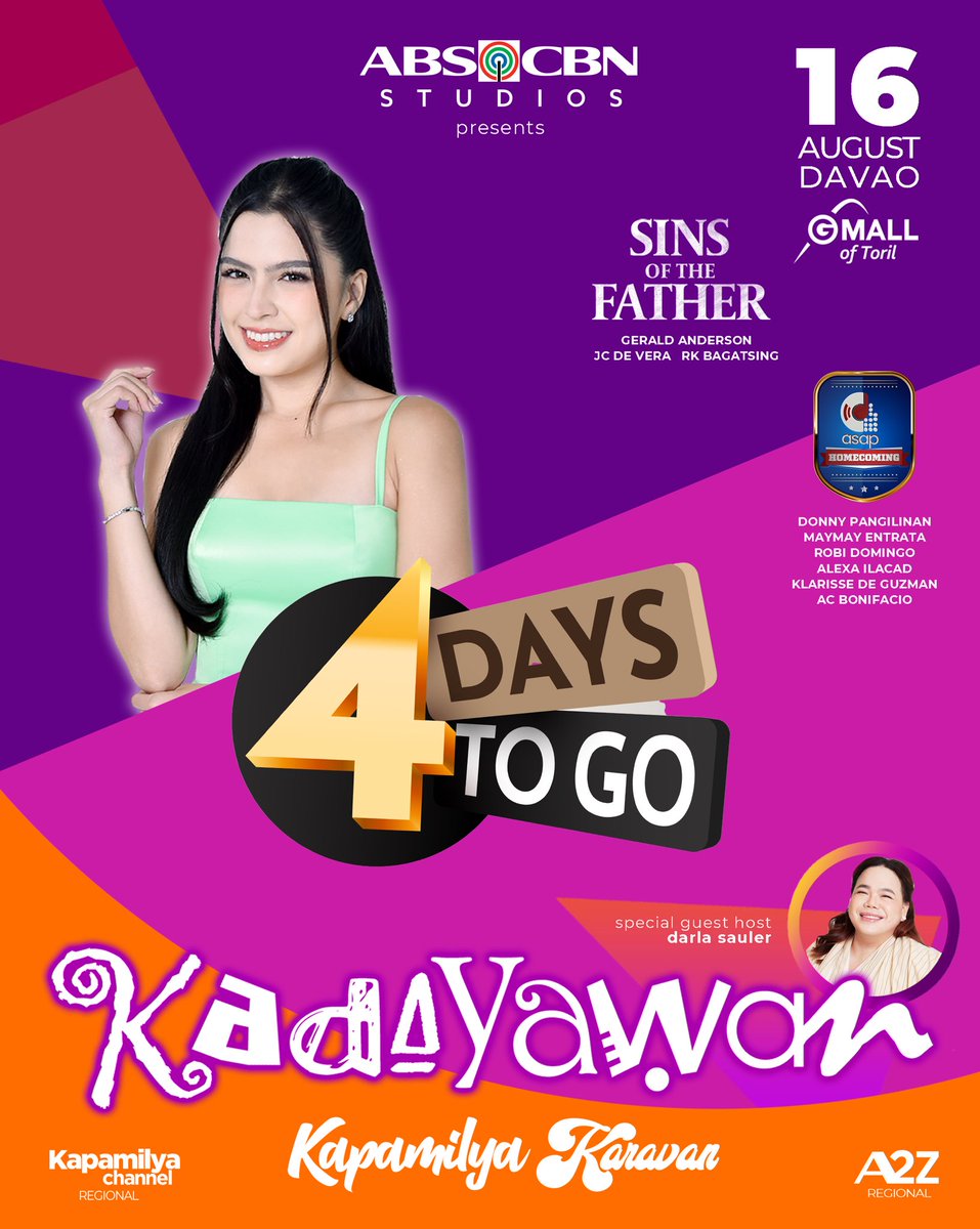 🎉 DAVAO, are you ready?! 🎉

Catch the Kadayawan Kapamilya Karavan this August 16 at G Mall of Toril! 

Get ready to sing, dance, and celebrate with your favorite Kapamilya stars:

✨ AC Bonifacio
✨ Maymay Entrata
✨ Robi Domingo
✨ Alexa Ilacad
✨ Klarisse de Guzman
✨ Donny