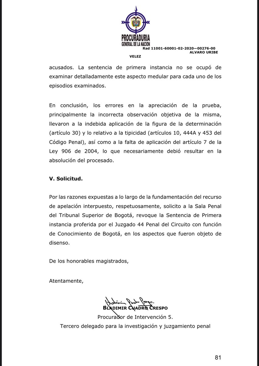 Ricardo Ospina (@ricarospina) on Twitter photo Atención: La <a href="/PGN_COL/">Procuraduría General de la Nación</a> radicó ante el Tribunal Superior de Bogotá la solicitud para que sea revocada la condena a 12 años de cárcel contra el expresidente <a href="/AlvaroUribeVel/">Álvaro Uribe Vélez</a> proferida por la juez 44 Sandra Heredia por los delitos de soborno en actuación penal y fraude procesal. Vía Atención: La <a href="/PGN_COL/">Procuraduría General de la Nación</a> radicó ante el Tribunal Superior de Bogotá la solicitud para que sea revocada la condena a 12 años de cárcel contra el expresidente <a href="/AlvaroUribeVel/">Álvaro Uribe Vélez</a> proferida por la juez 44 Sandra Heredia por los delitos de soborno en actuación penal y fraude procesal. Vía