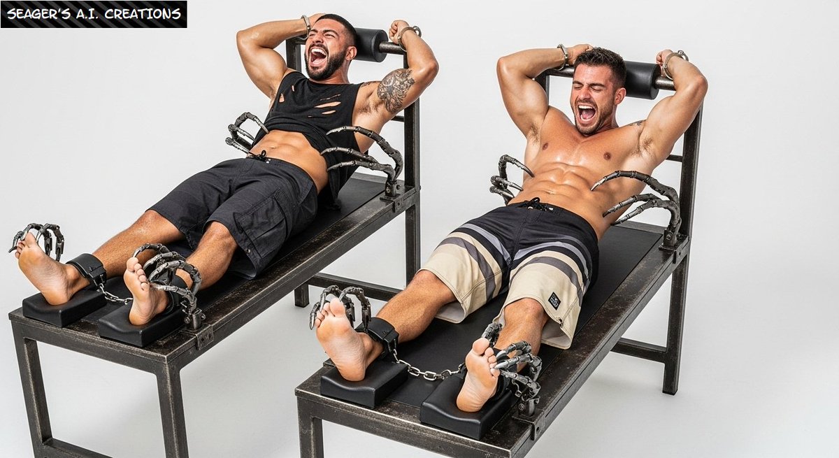 These 2 took what was being inflicted on them pretty well...at first. Once the mechanical ticklers started to simultaneously torment their abs and between their toes, THAT's when the screaming started! 😈👣