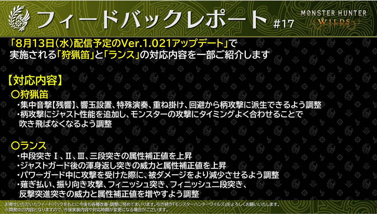 MH_Wilds's tweet photo. 【#MHWildsフィードバックレポート #17】
「8月13日(水)配信予定のVer.1.021アップデート」にて実施される「狩猟笛」と「ランス」の調整内容をご紹介します。

〇狩猟笛の調整方針
ジャスト回避のない狩猟笛において、モンスターの攻撃に対応する選択肢の追加、調整を行っていきます。
熟練のハンターに向けた難度の高いアクションとなりますが、立ち回りの拡充を目指した調整を行います。

〇ランスの調整方針
広範囲に渡ってアクションの調整を行っています。
全体的にアクションの威力を上昇させつつ、一部アクションの属性補正を上昇させます。
モンスターに隣接した距離での狩猟をしやすく、ガードによる恩恵を大きくする方針で調整します。

主な対応内容については添付画像をご確認ください。
※後日パッチノートにて詳細情報を公開予定です。
https://t.co/xKGrsk2mUi

引き続き、『モンスターハンターワイルズ』をよろしくお願いいたします。
#モンハンワイルズ #MHWilds