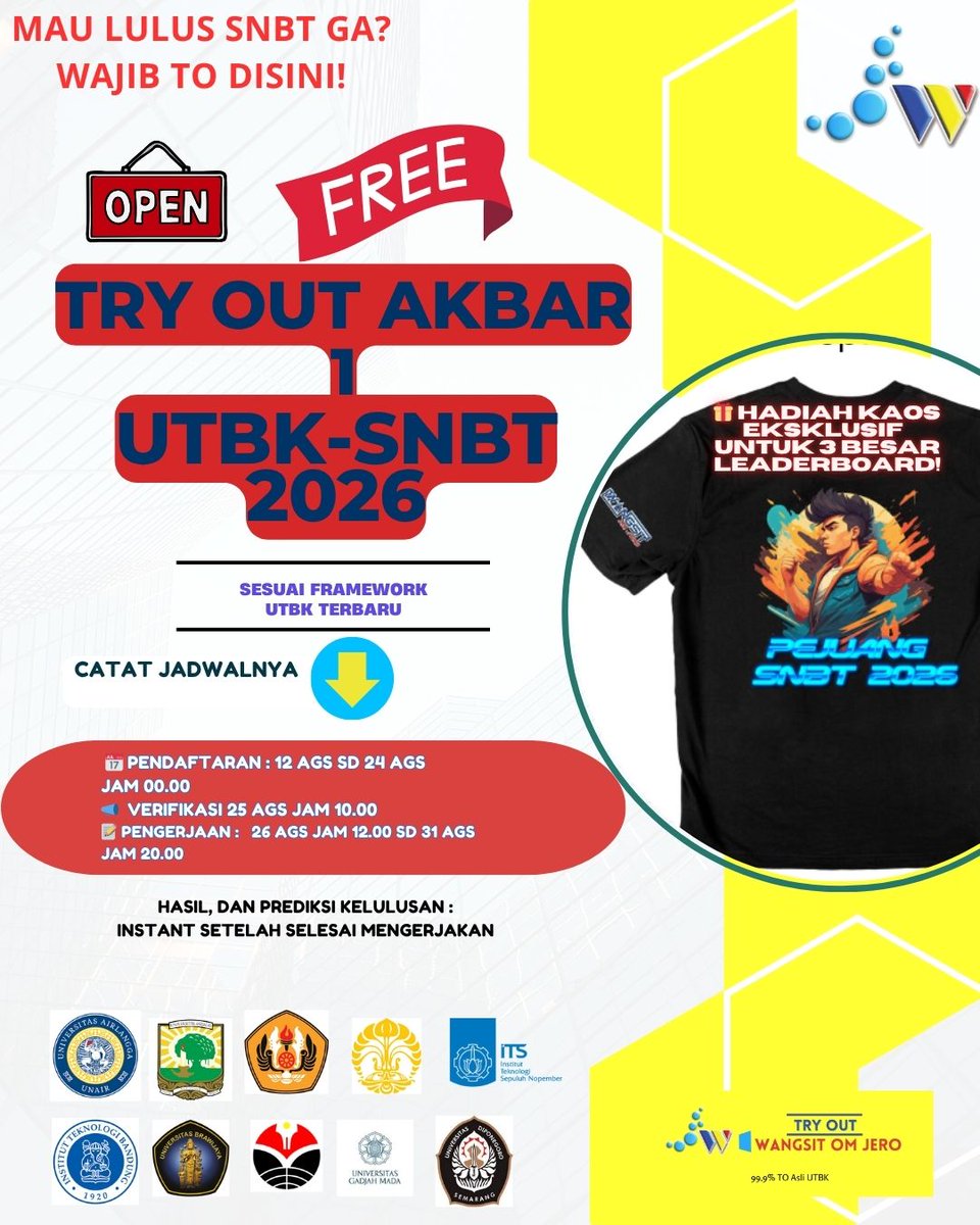 ✨ Satu langkah sekarang bisa menentukan masa depanmu! ✨

💡 Rahasia sukses para pejuang UTBK ada di sini!

TRY OUT AKBAR UTBK SNBT 2026 Ke 1 — WANGSIT OM JERO  — GRATIS!
(TPS 17)

#tryoutgratis #tryoutsnbt #SNBT2026