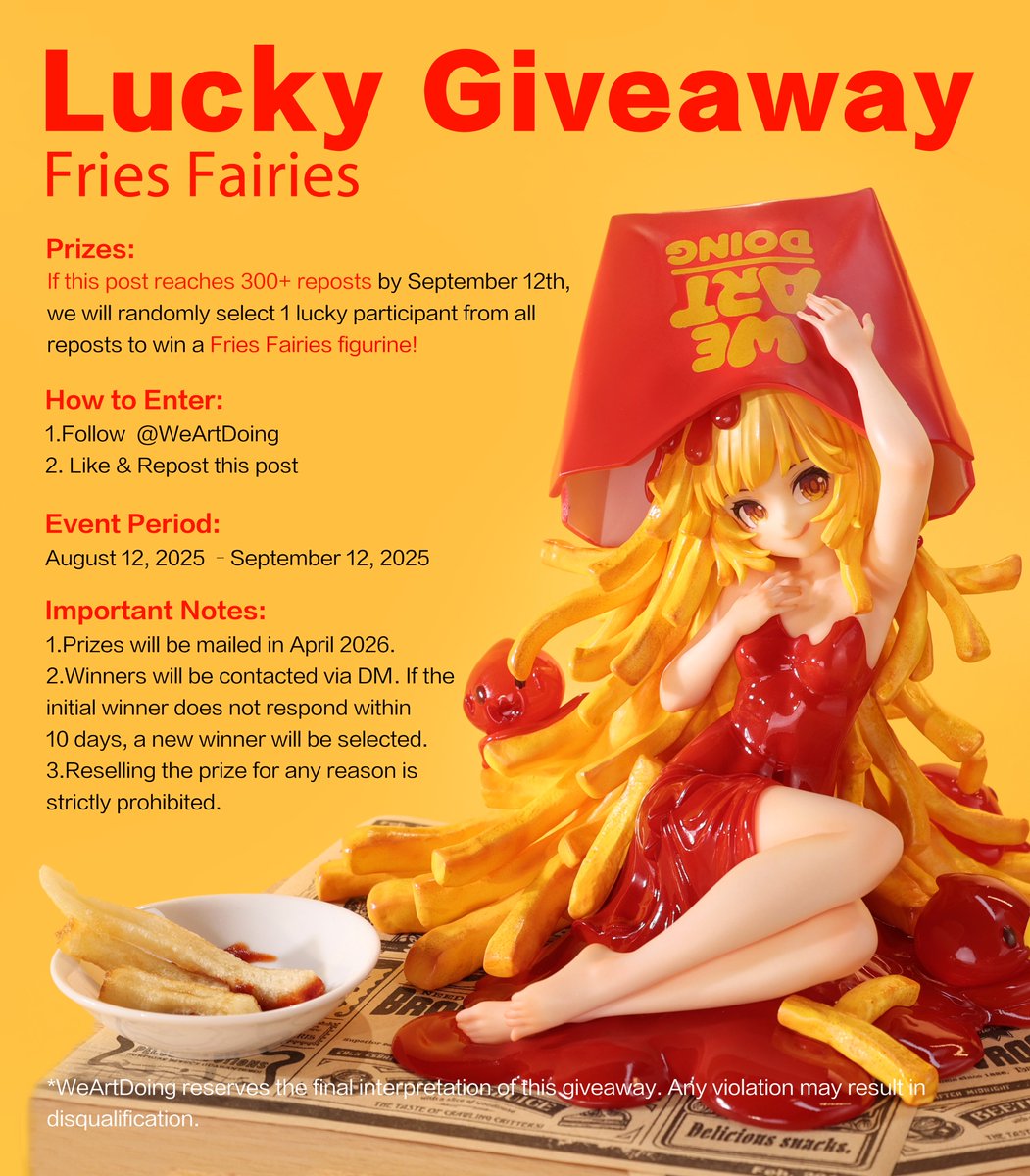 WeArtDoing's tweet photo. 🎁 WeArtDoing Lucky Giveaway is here! 🎁

✨The Fries Fairies have landed! 🍟

📌 How to Enter:
1.Follow  @WeArtDoing
2. Like & Repost this post

📅Event Period:
August 12, 2025 –September 12, 2025 

Check out the details in the pictures and join now! 
Good luck！ 

#fries  #tomatoes  #animegirl #arttoy #designertoy #fairy #wasabi #weartdoing #giveaways