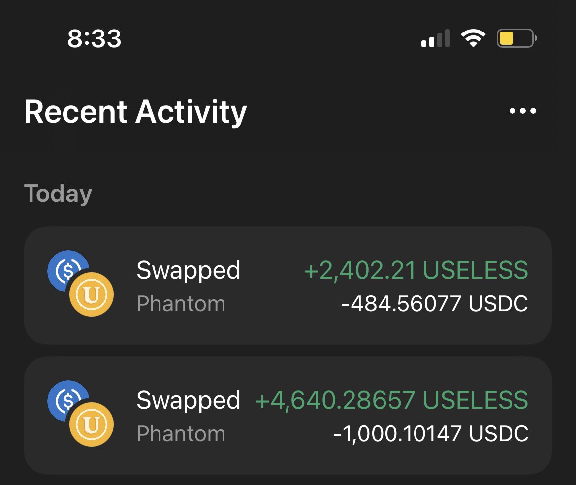 PhantomでのBonk Guyの$USELESSへのウォレットスワップのスクリーンショット