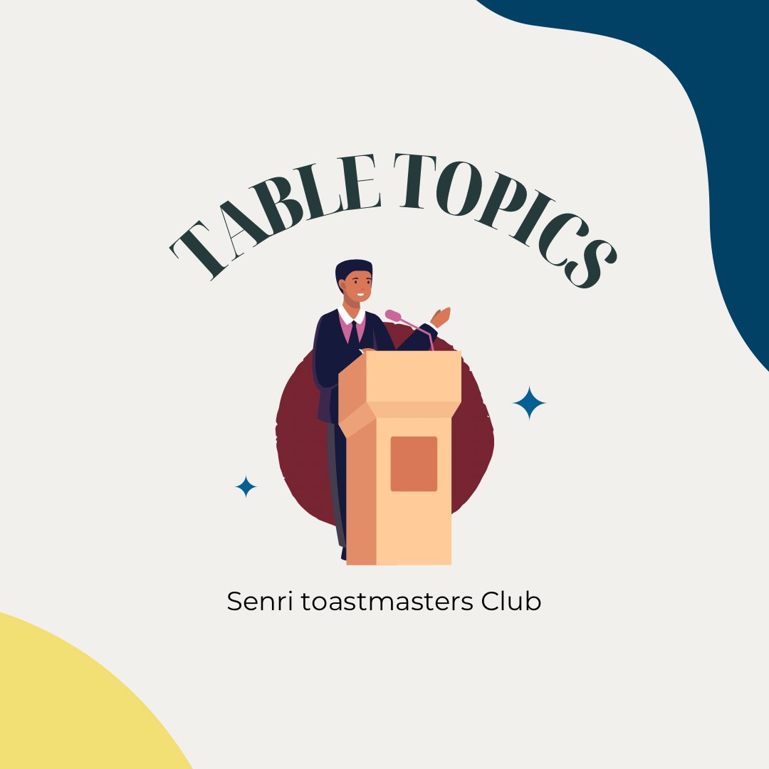 SenriTmc's tweet image. We enjoy Table Topics sessions during our meetings. It’s fun and a bit nerve-wracking!

What’s your favorite Table Topics question? Share your thoughts in the comments!
Mady

#TableTopics
#PublicSpeaking
#ImpromptuSpeaking
#Toastmasters
#SenriToastmasters
#senritoastmastersclub