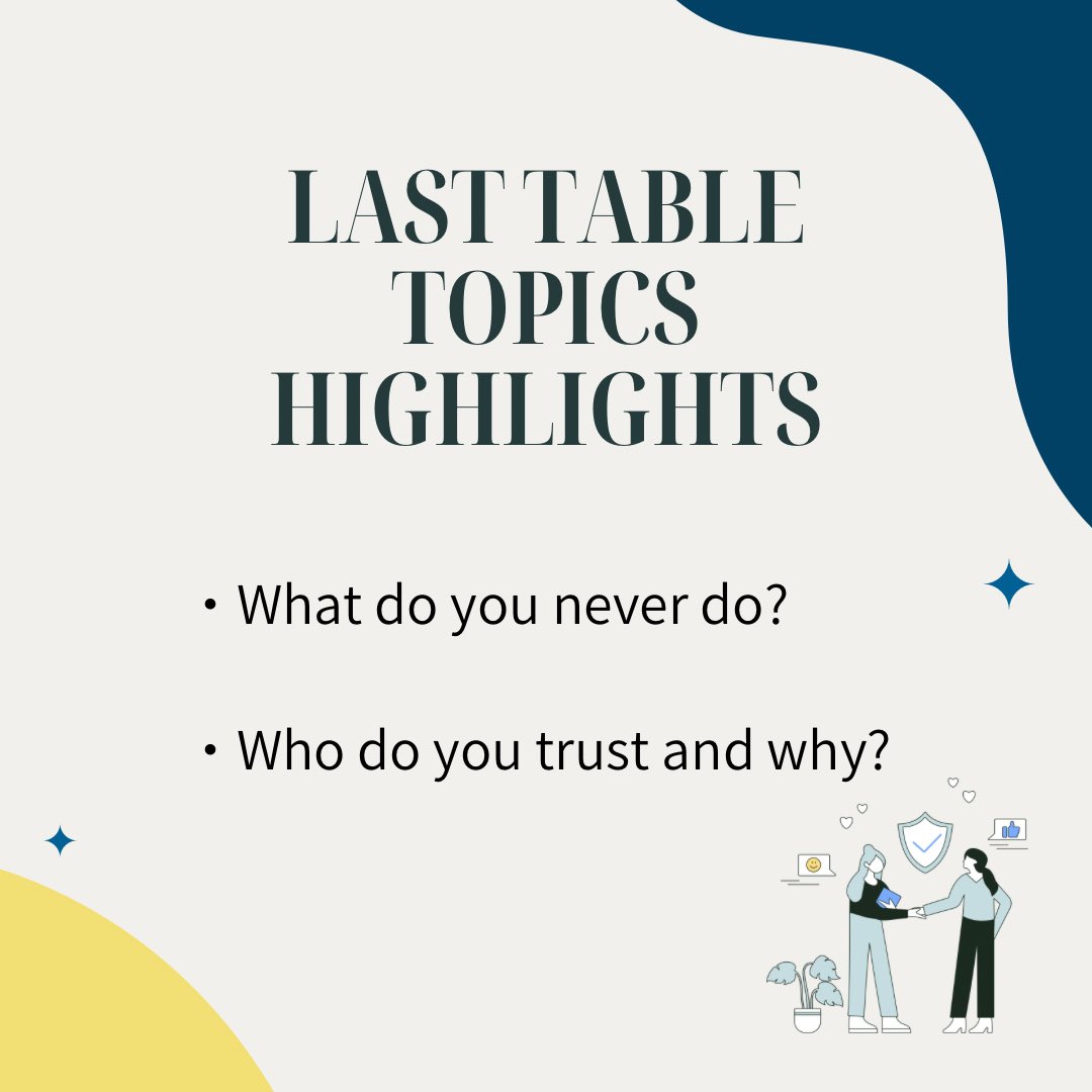 SenriTmc's tweet image. We enjoy Table Topics sessions during our meetings. It’s fun and a bit nerve-wracking!

What’s your favorite Table Topics question? Share your thoughts in the comments!
Mady

#TableTopics
#PublicSpeaking
#ImpromptuSpeaking
#Toastmasters
#SenriToastmasters
#senritoastmastersclub