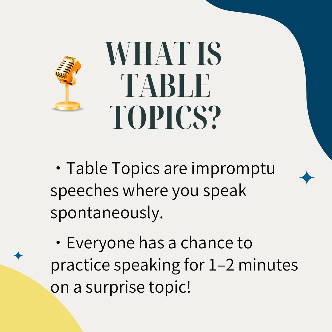 SenriTmc's tweet image. We enjoy Table Topics sessions during our meetings. It’s fun and a bit nerve-wracking!

What’s your favorite Table Topics question? Share your thoughts in the comments!
Mady

#TableTopics
#PublicSpeaking
#ImpromptuSpeaking
#Toastmasters
#SenriToastmasters
#senritoastmastersclub