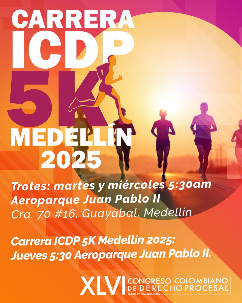 ⚖️🏃‍♀️🏃‍♂️

Trote: martes y miércoles 
Hora: 5:30am 
Lugar: Aeroparque Juan Pablo II

Gran carrera ICDP 5K: jueves 
Hora: 5:30am
Lugar: Aeroparque Juan Pablo II

¡No se lo pueden perder!