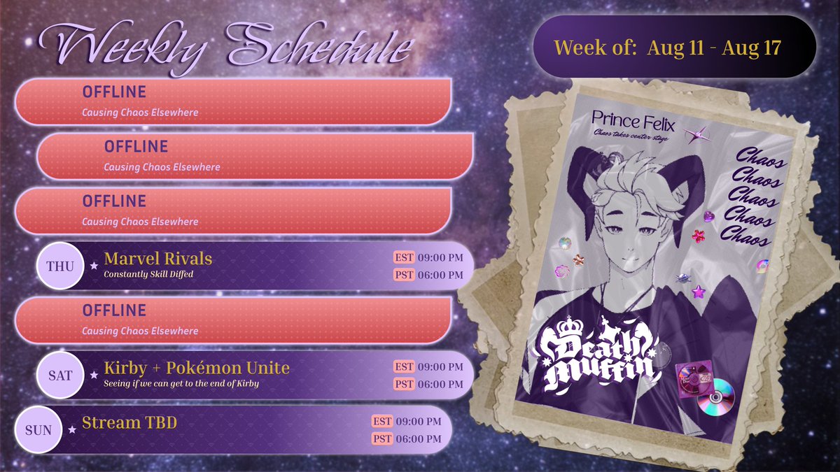 Sorry for the lateness, but here's this week's schedule. Sunday is currently TBD, and I will announce when that's been decided.

Hoping you all have a good week✨