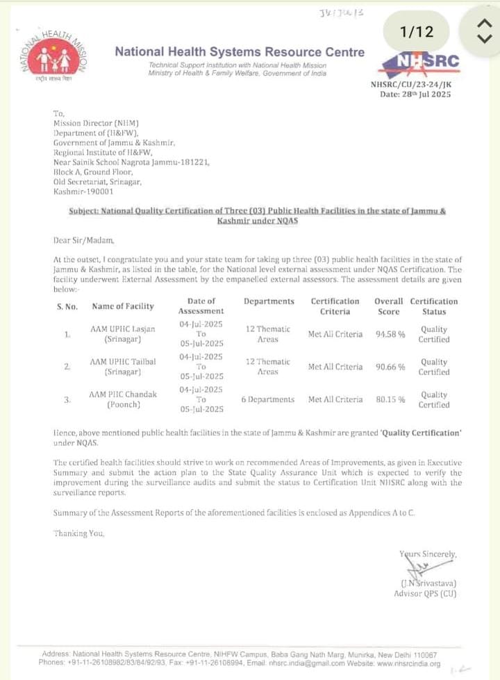 NHM, J&K (@nhmjk5) on Twitter photo Congratulations to the staff and Quality Team of UPHC Lasjan, UPHC Tailbal (District Srinagar) and PHC Chandak (District Poonch) for achieving NQAS certification! 👏
Your dedication to delivering quality healthcare is truly commendable. <a href="/diprjk/">Information & PR, J&K</a> <a href="/DICPoonch/">Information & PR, Poonch</a> <a href="/srinagaradmin/">Srinagar district administration</a> Congratulations to the staff and Quality Team of UPHC Lasjan, UPHC Tailbal (District Srinagar) and PHC Chandak (District Poonch) for achieving NQAS certification! 👏
Your dedication to delivering quality healthcare is truly commendable. <a href="/diprjk/">Information & PR, J&K</a> <a href="/DICPoonch/">Information & PR, Poonch</a> <a href="/srinagaradmin/">Srinagar district administration</a>