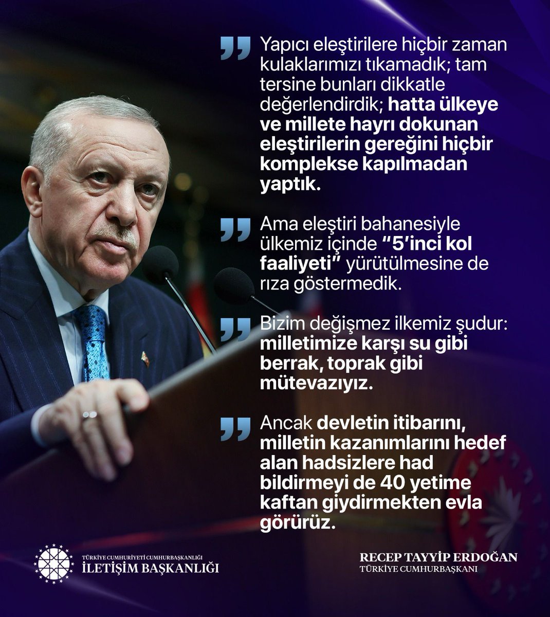Oğuz Kaan POLAT (@oguzkaan_plt) on Twitter photo Cumhurbaşkanımız Recep Tayyip Erdoğan:
Yapıcı eleştirilere hiçbir zaman kulaklarımızı tıkamadık; tam tersine bunları dikkatle değerlendirdik ama eleştiri bahanesiyle ülkemiz içinde ‘5. kol faaliyeti’ yürütülmesine de rıza göstermedik.
<a href="/RTErdogan/">Recep Tayyip Erdoğan</a>
<a href="/mahmutnazirli/">Mahmut Rıdvan Nazırlı</a> Cumhurbaşkanımız Recep Tayyip Erdoğan:
Yapıcı eleştirilere hiçbir zaman kulaklarımızı tıkamadık; tam tersine bunları dikkatle değerlendirdik ama eleştiri bahanesiyle ülkemiz içinde ‘5. kol faaliyeti’ yürütülmesine de rıza göstermedik.
<a href="/RTErdogan/">Recep Tayyip Erdoğan</a>
<a href="/mahmutnazirli/">Mahmut Rıdvan Nazırlı</a>