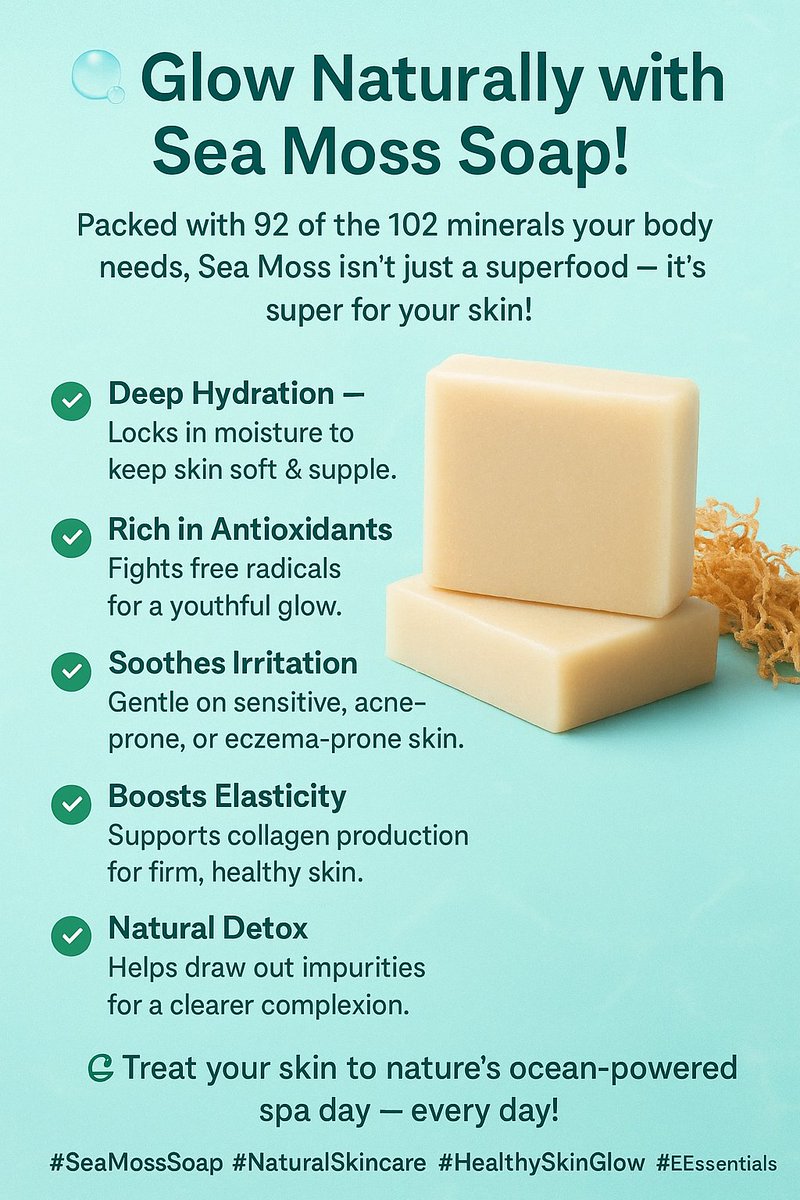 eandeessentials's tweet photo. Give your skin the ocean’s best-kept secret! Our Sea Moss Soap is packed with minerals, hydration, and gentle care for a radiant, healthy glow — naturally. 💚 #SeaMossSoap #NaturalGlow https://t.co/MGMLaH6n7g