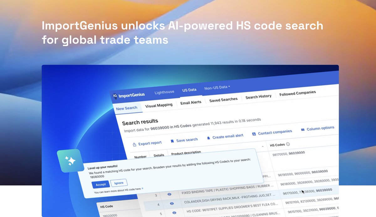 Our most requested feature is here: AI-powered HS Code search for U.S. Maritime data!

“HS codes are the global language of trade, and we’ve made them usable at scale,” says our CPTO, James Orr.

Uncover what companies really ship, find new suppliers, and monitor competitors with